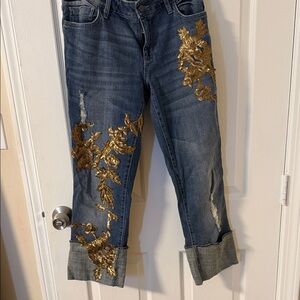 Anthropology Pilcro unique Blue Jeans with gold sequins embroidered